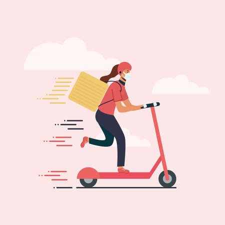 Woman with mask scooter and box design, Safe delivery quarantine logistics and transportation theme Vector illustrationのイラスト素材