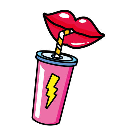 mouth drinking soda with straw pop art elements vector illustrationのイラスト素材