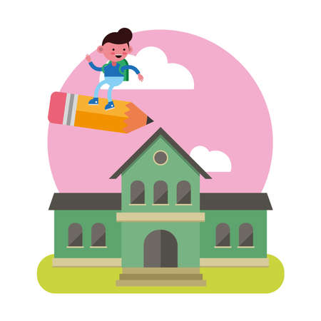 little student boy flying in pencil in the shool comic character vector illustration designのイラスト素材