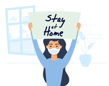 young woman using face mask lifting stay at home label vector illustration designのイラスト素材