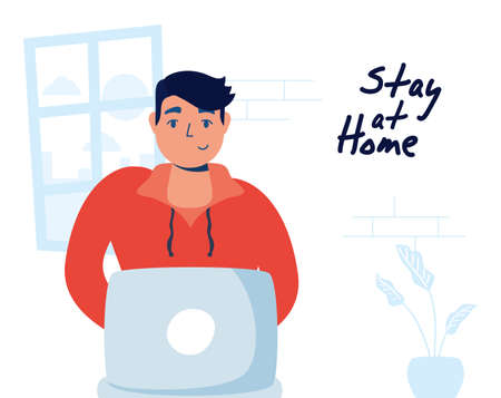 man using laptop stay at home campaign vector illustrationのイラスト素材
