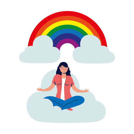 business woman in lotus position on the cloud with rainbow vector illustration designのイラスト素材