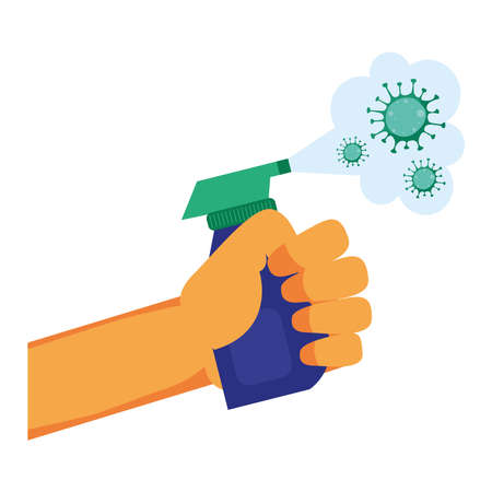 Hand holding sanitizer spray bottle and covid 19 virus design, Disinfects clean antibacterial and hygiene theme Vector illustrationのイラスト素材