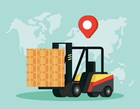 forklift delivery service with earth planet and pin location vector illustration designのイラスト素材