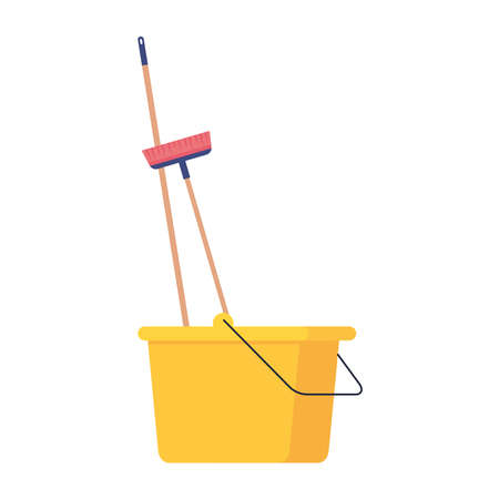 plastic bucket tool yellow color with broom, on white background vector illustration designのイラスト素材
