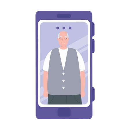 smartphone video call, old man in conference video call online vector illustration designのイラスト素材