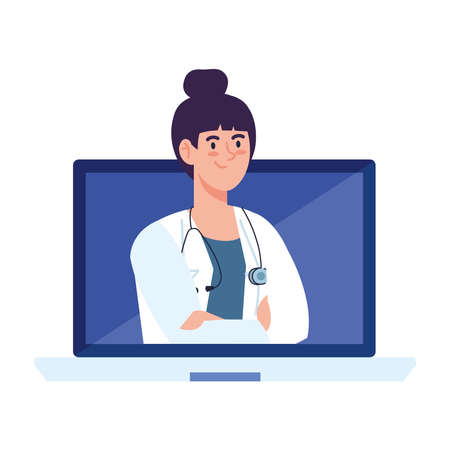 medicine online with doctor female in computer, on white background vector illustration designのイラスト素材
