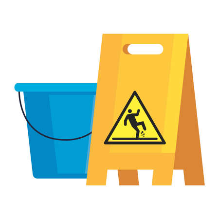 caution sign wet floor with plastic bucket tool, on white background vector illustration designのイラスト素材