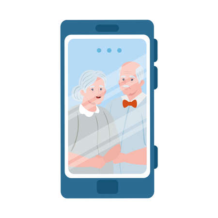 smartphone video call, old couple in conference video call online vector illustration designのイラスト素材