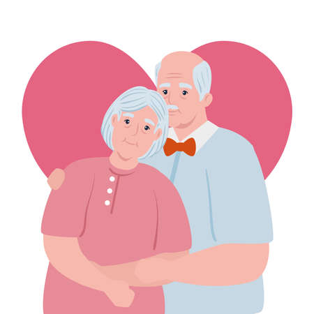 elderly couple smiling, old woman and old man with heart background vector illustration designのイラスト素材