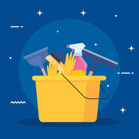 cleaning service, bucket with cleaning tools, on blue background vector illustration designのイラスト素材