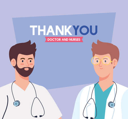 thank you doctor and nurses working in hospitals, doctor men fighting the coronavirus covid 19 vector illustration designのイラスト素材