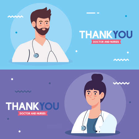 set of scenes, thank you doctor and nurses working in hospitals, fighting the coronavirus covid 19 vector illustration designのイラスト素材