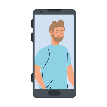 young man in smartphone device, on white background vector illustration designのイラスト素材