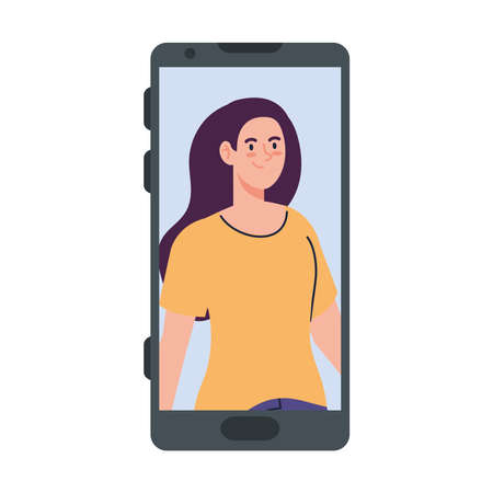 young woman in smartphone device, on white background vector illustration designのイラスト素材