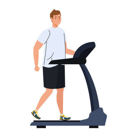 man running on treadmill, ectrical training machine on white background vector illustration designのイラスト素材