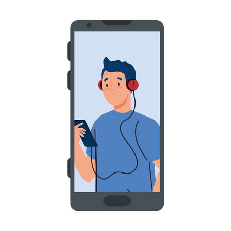 young man in smartphone device, on white background vector illustration designのイラスト素材