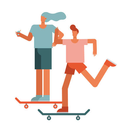 young couple in skateboards sports characters vector illustration designのイラスト素材