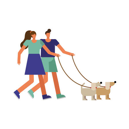 young couple walking with dog sport characters vector illustration designのイラスト素材