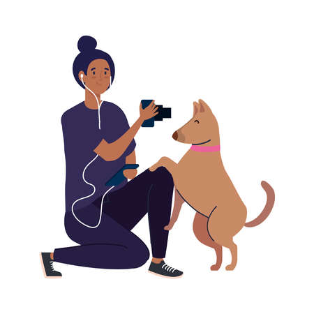 young photographer woman taking a photo to dog on white background vector illustration designのイラスト素材