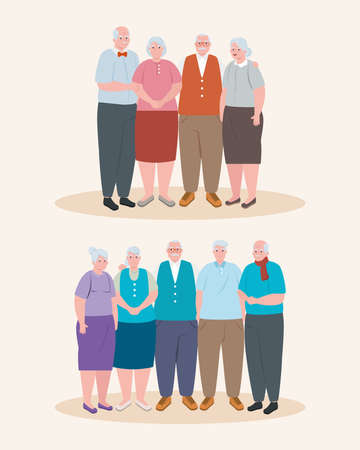 cute old people, group of grandmothers and grandparents vector illustration designのイラスト素材