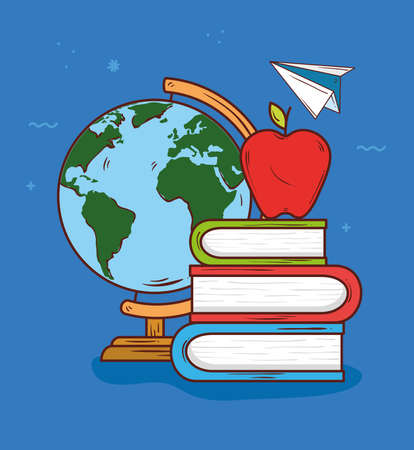 education concept, pile books with apple fruit and paper airplane vector illustration designのイラスト素材