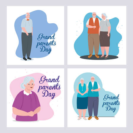 set cards of happy grand parents day with cute old people vector illustration designのイラスト素材