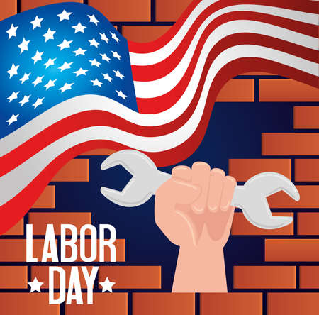 happy labor day holiday banner and hand with wrench tool vector illustration designのイラスト素材