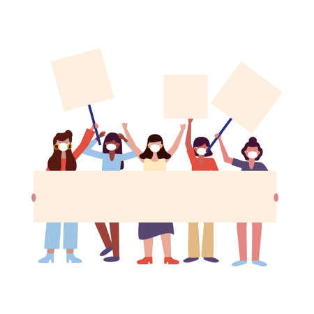 Women with medical masks and banners boards design, Manifestation protest and demonstration theme Vector illustrationのイラスト素材