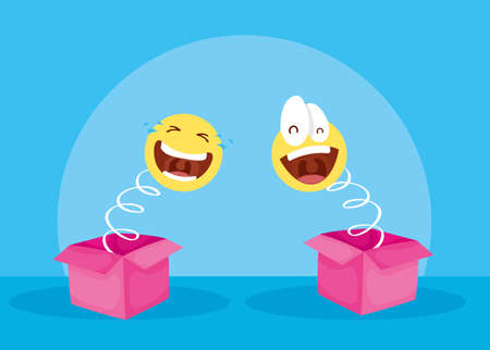 happy april fools day card with surprise boxes and emojis vector illustration designのイラスト素材