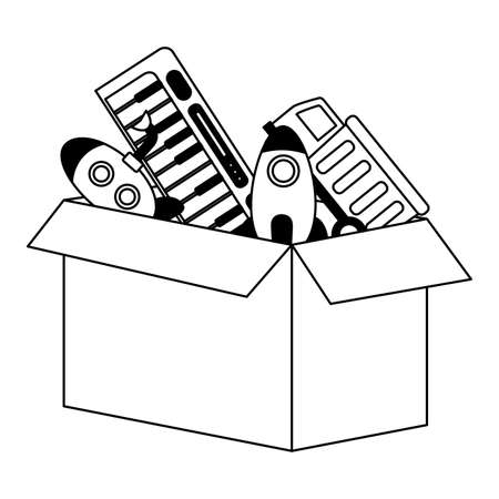 kids toys box piano submarine rocket and truck vector illustrationのイラスト素材