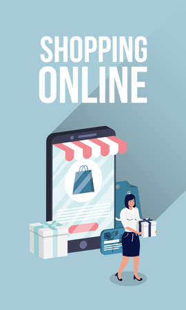 shopping online ecommerce with woman buying and smartphone vector illustration designのイラスト素材