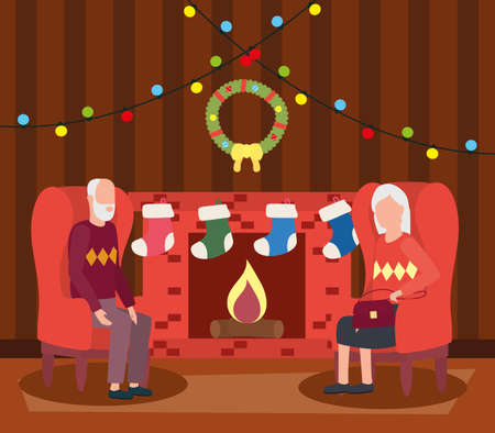 grandparents couple in livingroom with christmas decoration vector illustration designのイラスト素材