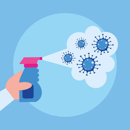 Hand holding spray bottle spraying covid 19 virus design, Disinfection service and clean theme Vector illustrationのイラスト素材