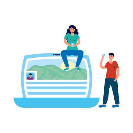 young couple using smartphone and laptop vector illustration designのイラスト素材