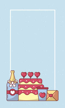Hearts cake champagne bottle coffee mug and card design of Valentines day love and passion theme Vector illustrationのイラスト素材