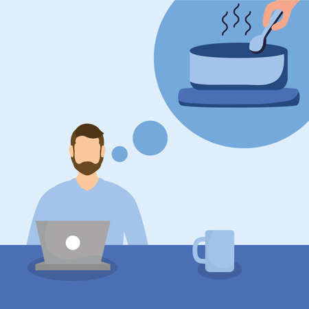 Man with laptop thinking in cooking design of Work from home theme Vector illustrationのイラスト素材