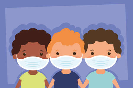 interracial little boys using face masks characters vector illustration designのイラスト素材