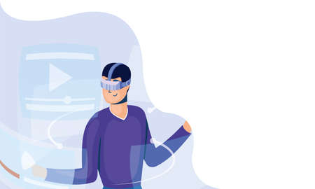 young man using reality virtual tech in interactive display vector illustration designのイラスト素材