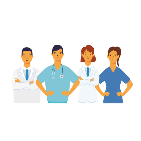 male and female doctors with uniforms design of medical care and covid 19 virus theme Vector...