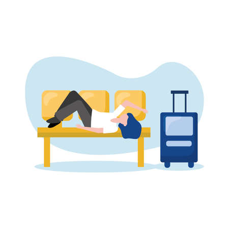 Woman with bag on chair design, Cancelled flights travel and airport theme Vector illustrationのイラスト素材