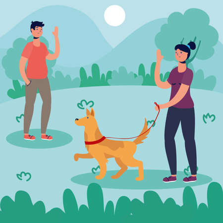 couple walking dog activity characters vector illustration designのイラスト素材