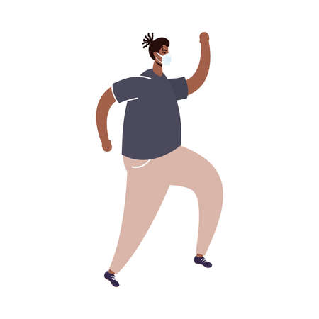 young afro man wearing medical mask walking avatar character vector illustration designのイラスト素材