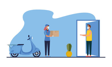 Woman with mask motorcycle box and man client design, Safe delivery quarantine logistics and transportation theme Vector illustrationのイラスト素材