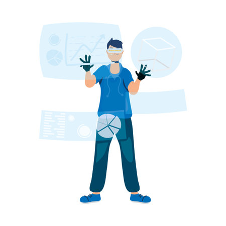 young man using reality virtual tech in interactive display vector illustration design