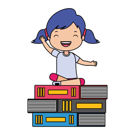 happy girl sitting on books learning illustrationのイラスト素材