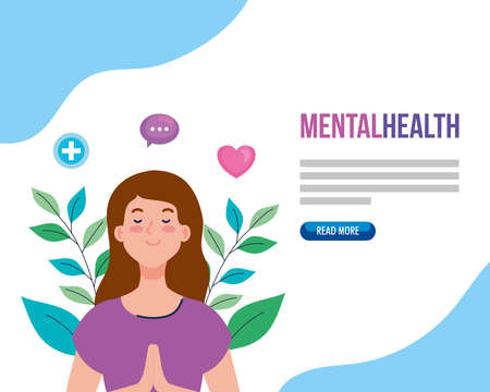 banner of mental health, and woman meditating with health icons vector illustration designのイラスト素材