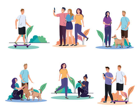 set scenes, young people performing leisure outdoor activities vector illustration designのイラスト素材