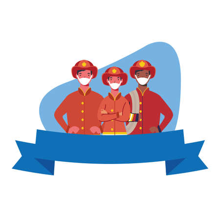firefighters men with masks and ribbon design, Workers occupation and job theme Vector illustrationのイラスト素材