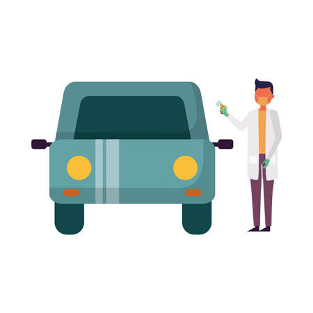 male doctor holding thermometer gun checking temperature on car design of Medical care and covid 19 virus theme Vector illustrationのイラスト素材